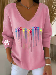 Women's  Colorful Dog Heart Paw Print Casual V-Neck Ribbed Top