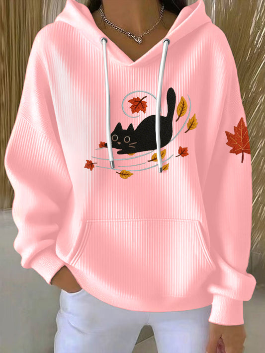 Women's Autumn Leaves And Cat Print Hoodie