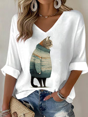 Women's Sweater Cat Print Waffle T-shirt