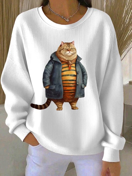 Women's Sweater Cat Print Crewneck Sweatshirt