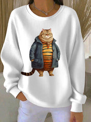 Women's Sweater Cat Print Crewneck Sweatshirt