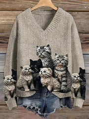 Women's Cute Cat Art V-neck Long Sleeve Top