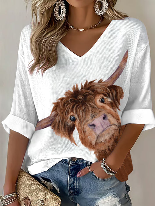 Women's Highland Cow Printed  Waffle T-shirt