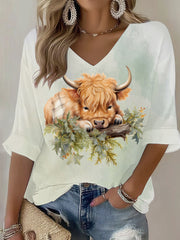 Women's Animal Highland Cow Printed Casual T-shirt