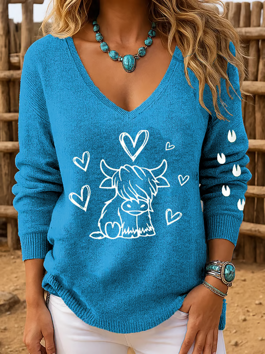 Women's Western Vintage Cow Print Long Sleeve Top