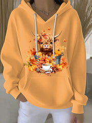 Women's Autumn Animal Highland Cow Print Casual Hoodie