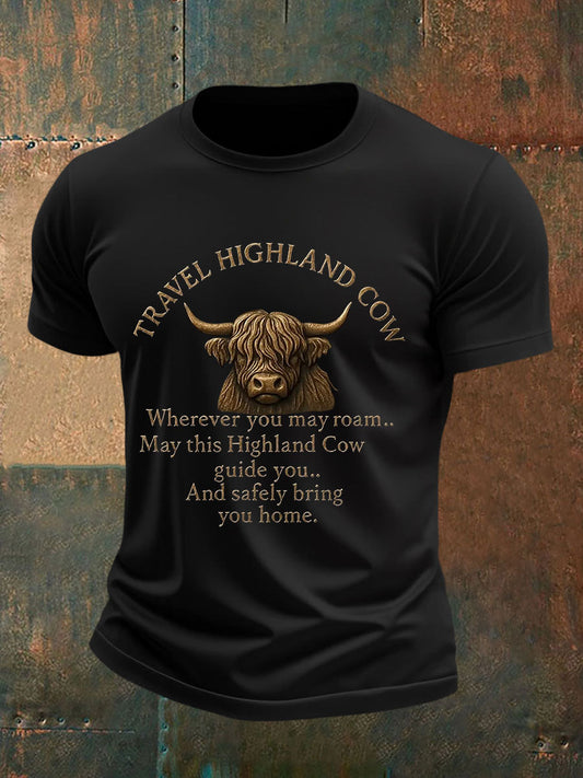 Men's Travel Highland Cow Print Casual T-shirt