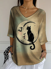 Women's Cat Printed Half-Sleeve T-Shirt