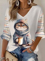 Women's Cat Printed Waffle T-shirt