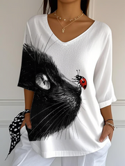 Women's Cat Printed Half-Sleeve T-Shirt