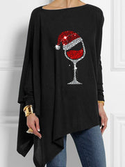 Women's Christmas Red Wine Glass Print Casual Irregular Top