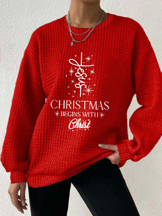 Women's Christmas Begins With Christ Jesus Print Small Checkered Hoodie