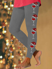 Women's Christmas Red Wine Glass Print Casual Leggings
