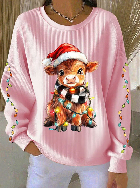 Women's Christmas Highland Cow Ribbed Round-Neck Sweatshirt