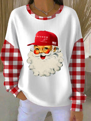 Women's Christmas Santa Claus Freedom Print Ribbed Round-Neck Sweatshirt