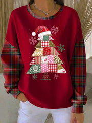 Women's Christmas Tree Print Ribbed Round-Neck Sweatshirt