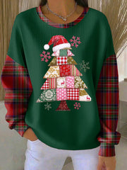 Women's Christmas Tree Print Ribbed Round-Neck Sweatshirt