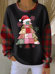 Women's Christmas Tree Print Ribbed Round-Neck Sweatshirt