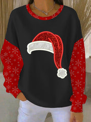 Women's Christmas Santa Claus Hat Print Ribbed Round-Neck Sweatshirt