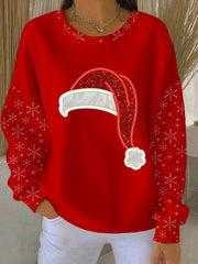 Women's Christmas Santa Claus Hat Print Ribbed Round-Neck Sweatshirt
