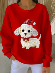 Women's Christmas Dog Art Ribbed Round-Neck Sweatshirt