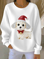 Women's Christmas Dog Art Ribbed Round-Neck Sweatshirt