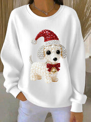 Women's Christmas Dog Art Ribbed Round-Neck Sweatshirt