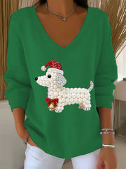 Women's Christmas Dog Art V-Neck Ribbed Top