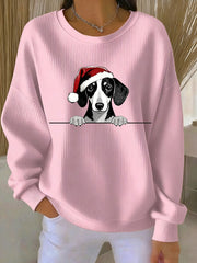 Women's Christmas Hat Dachshund Ribbed Round-Neck Sweatshirt