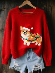 Women's Christmas Corgi Dog Felt Art Cozy Knit Sweater