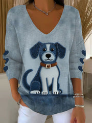 Women's Dog Print V-Neck Tops