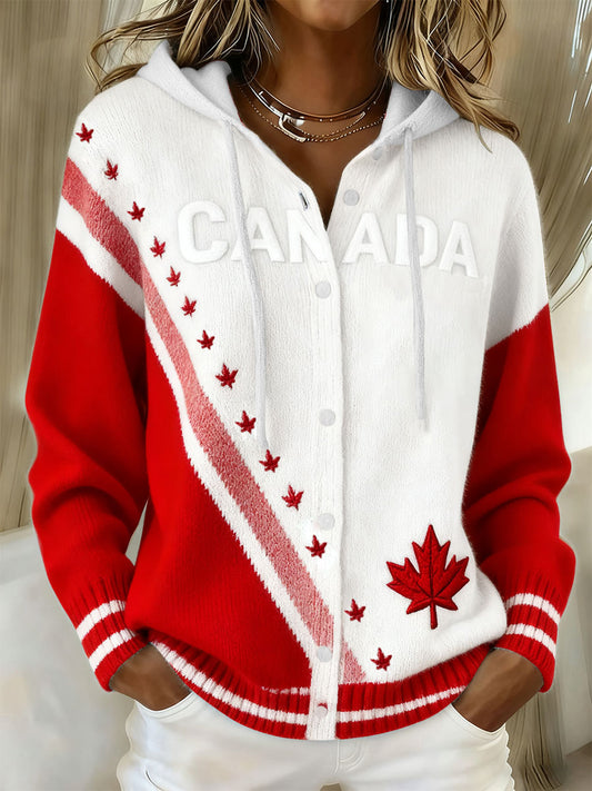 Women's CANADA Maple Leaf Knit Hooded Cardigan