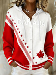 Women's CANADA Maple Leaf Knit Hooded Cardigan