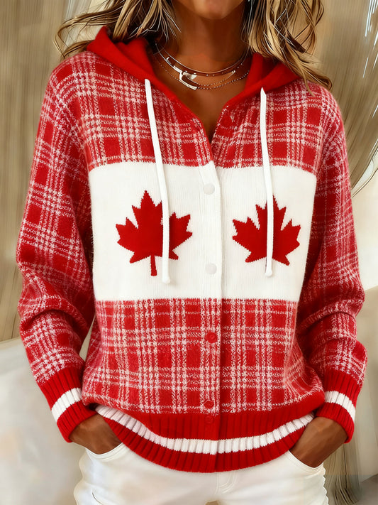Women's Maple Leaf Knit Hooded Cardigan