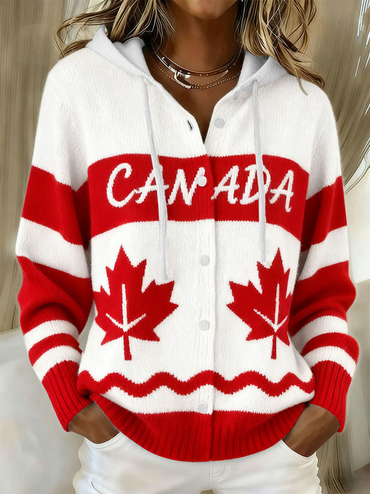 Women's CANADA Maple Leaf Knit Hooded Cardigan