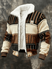 Men's Retro Color Block Print Casual Fur Collar Zip-up Sweatshirt
