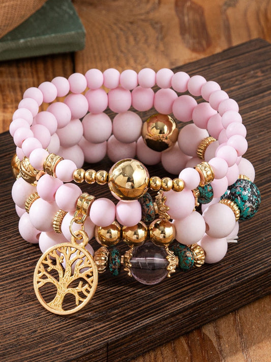 Women's Bohemian Ethnic Style Tassel Tree of Life Pendant Multi-layer Wooden Bead Bracelet