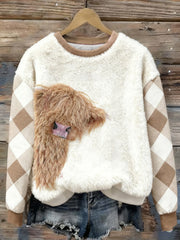 Women's Cute Highland Cow Plaid Print Casual Flannel Sweatshirt