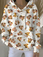 Women's Floral Highland Cow Print Casual Hoodie