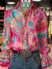 Women's Retro Plants Flowers Art Print Collared Long Sleeve Top