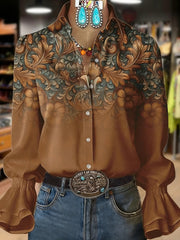 Women's Retro Plants Flowers Art Print Collared Long Sleeve Top