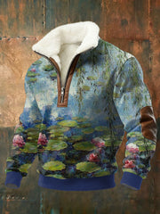 Men's Oil Painting Water Lily Print Plush Stand Collar Shirt