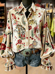 Women's Retro Plants Flowers Art Print Long Sleeve Top