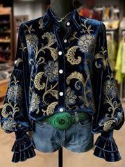 Women's Retro Plants Flowers Art Print Long Sleeve Top