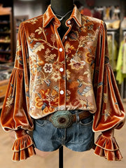 Women's Retro Plants Flowers Art Print Long Sleeve Top