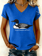 Women's Stupid Canadian Wolf Bird Embroidered V-Neck T-Shirt