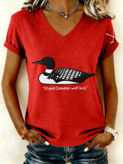 Women's Stupid Canadian Wolf Bird Embroidered V-Neck T-Shirt