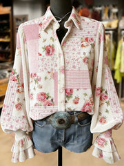 Women's Retro Plants Flowers Art Print Long Sleeve Top