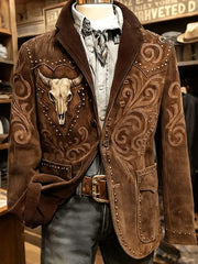 Men's Retro Western-style Bull Head Graphic Corduroy Blazer