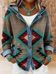 Women's Vintage Western Aztec Print Hooded Patchwork Jacket